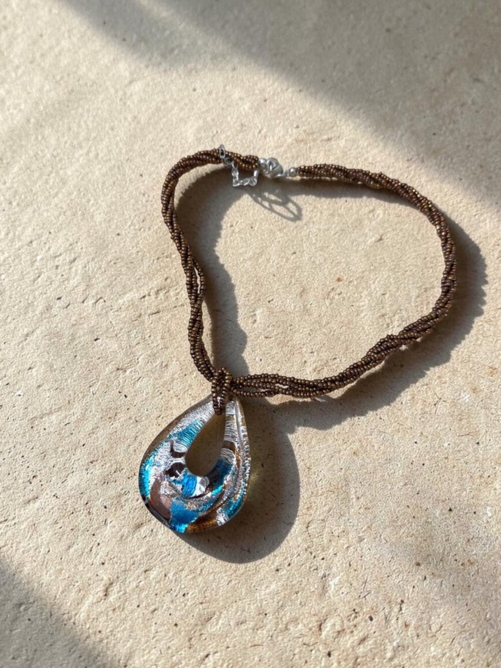 Vintage Murano Glass Teardrop Pendant Necklace With Bronze Beaded Cord - Picture 7 of 9